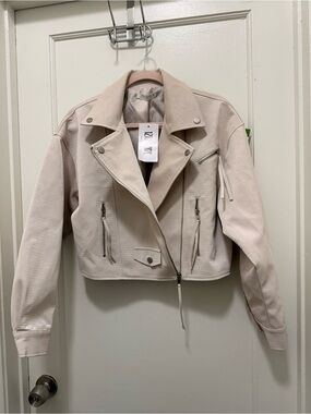 NWT 12th Tribe Roxbury Eggshell Croc Vegan Leather Moto Jacket | Size S